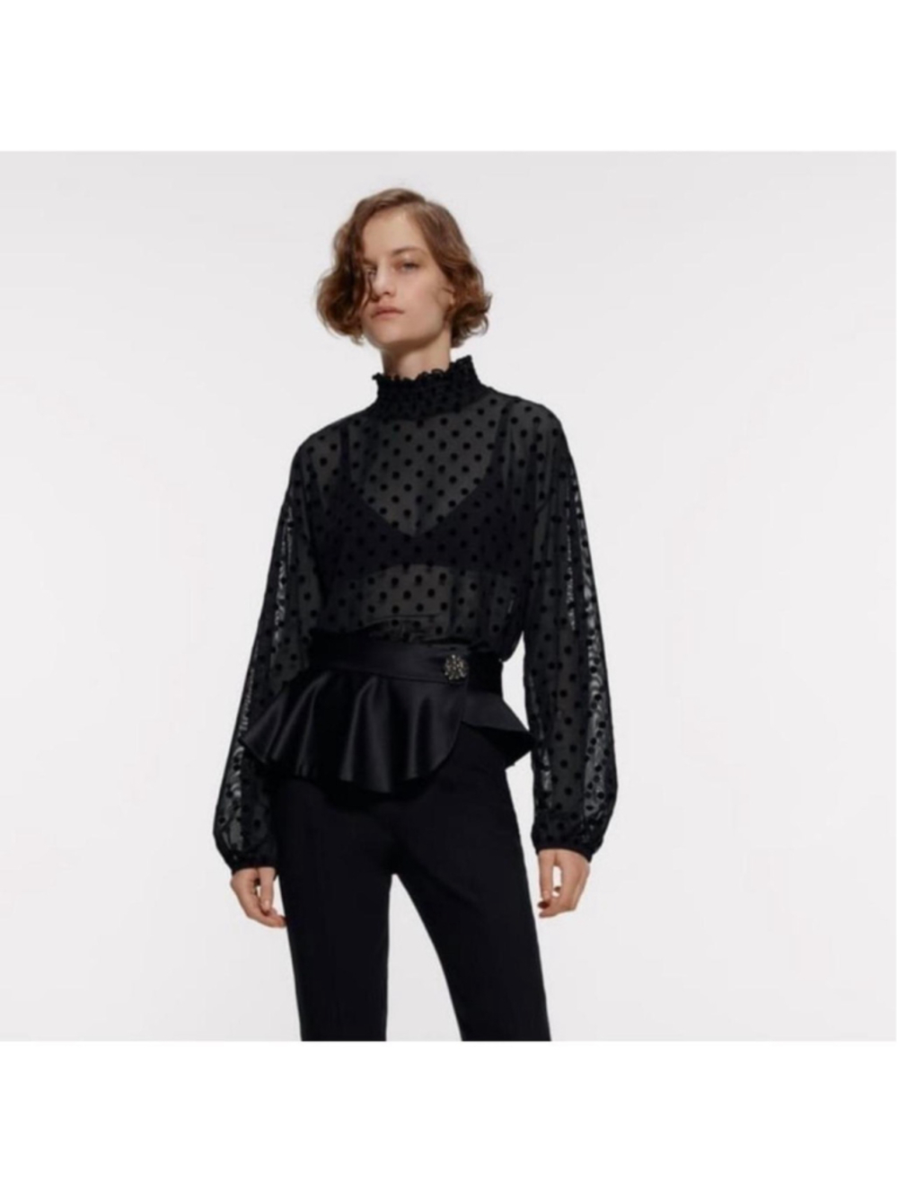 Zara black polka dot mesh top with ruffle collar, cinched waist, and long sleeve